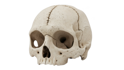Human skull with visible sutures and bone texture on black background anatomy skeletal