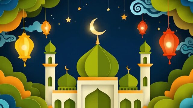 Festive paper cut illustration of a mosque under a crescent moon and stars, decorated with lanterns for Ramadan or Eid celebration.