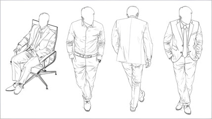 Top view cad drawing set for architectural projects, executive men standing and sitting, editable line vector Stock Vector