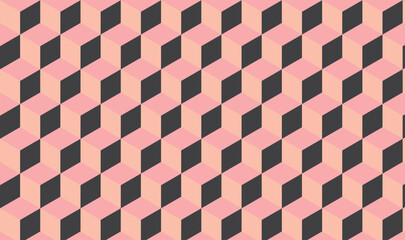 Seamless Isometric Cube Pattern Background &ndash; Soft Pink Peach Black Geometric 3D Illusion Texture, minimal geometric block cube isometric mosaic texture background.  