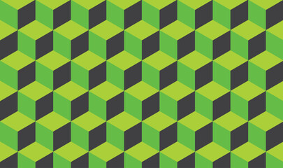 Seamless Isometric Cube Pattern Background &ndash; Vibrant Green Lime Black Geometric 3D Illusion Texture, minimal geometric block cube isometric mosaic texture background. 

