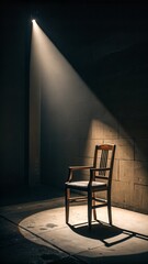 Wooden Chair Under Overhead Spotlight in Dimly Lit Room