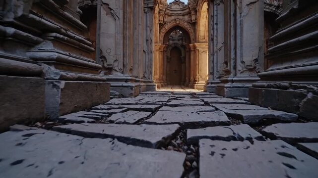 Cinematic ancient cathedral corridor cracked marble floor strewn with debris, ornate columns framing sunlit arch leading to golden altar, dust motes in moody dusk light, dramatic perspective