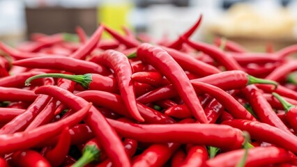 Fresh vibrant red chili peppers pile at local market stall for spicy cooking ingredient food