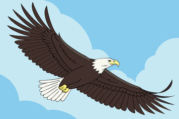 A flying eagle with wide wings against a blue sky
