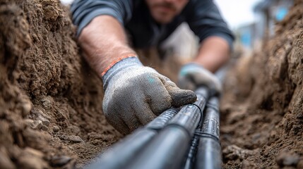 Close Up of a Worker Laying Black Pipes in a Trench