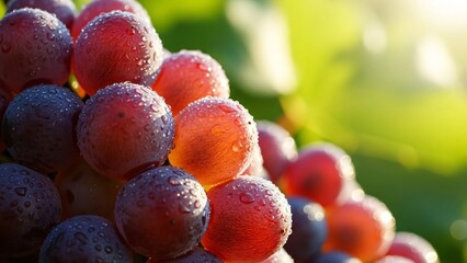 Close up of fresh red grapes covered with water droplets in sunlight