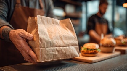 Close Up Delivery Brown Paper Bag in Hand at a Restaurant