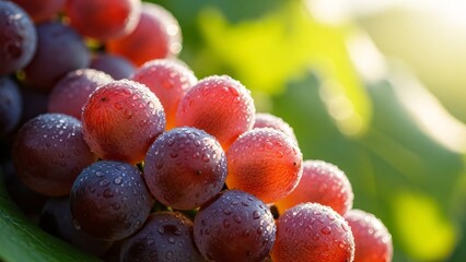 Close up of fresh red grapes covered with water droplets in sunlight