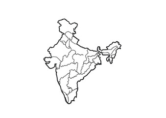 A black and white line drawing of a map of india with its various states and union territories
