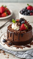 Chocolate Mousse Dessert with Berries and Whipped Cream on White Plate