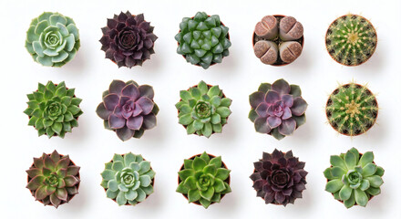 Top view collection of various succulent plants and cactus isolated on white background