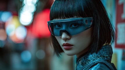 Cinematic Asian Woman Wearing Futuristic Visor Goggles in Neon Cityscape