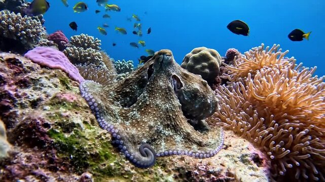 Close up of an octopus's intelligent eye, observing its surroundings with curiosity and awareness, highlighting the creature's cognitive abilities within its habitat.