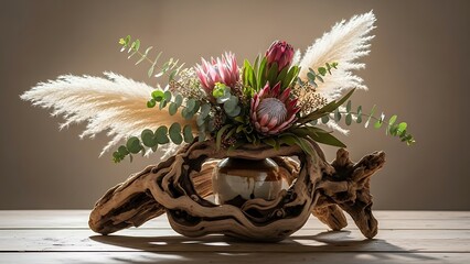 Exotic Floral Arrangement in Unique Driftwood Vase.