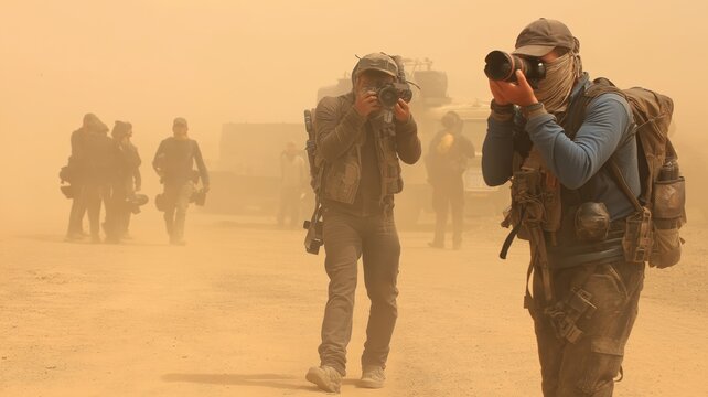 Fotojournalisten dokumentieren Ereignisse in einer staubigen Krisenregion und berichten aus einem Konfliktgebiet vor Ort