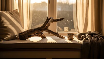 Cozy Window Seat with Driftwood and Coffee Cup at Sunset.