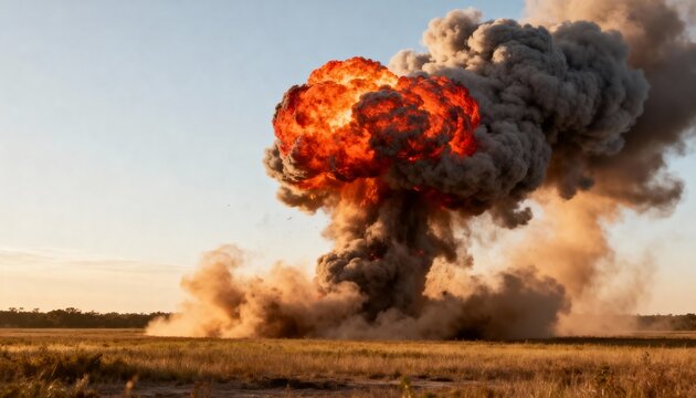 A powerful fiery explosion erupting across a vast desert landscape, with flames, smoke and dust creating a dramatic cinematic scene under an open sky.
