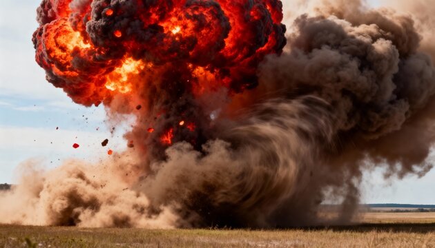 A powerful fiery explosion erupting across a vast desert landscape, with flames, smoke and dust creating a dramatic cinematic scene under an open sky.