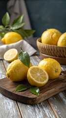 Whole and Halved Lemons on Rustic Cutting Board