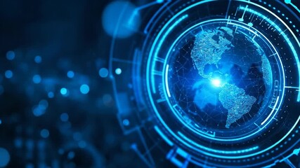 Blue digital globe with futuristic network interface and data visualization. - Powered by Adobe
