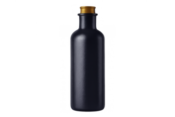 Black matte bottle with gold cork stopper displaying a sleek design for premium liquid products, transparent background