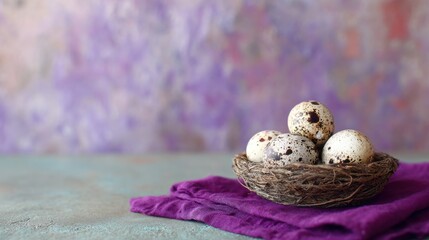 Quail eggs arranged in a nest on a table with a purple background