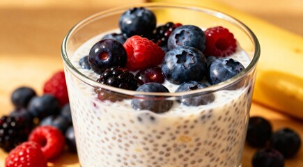 Healthy Chia Pudding with Fresh Mixed Berries closeup