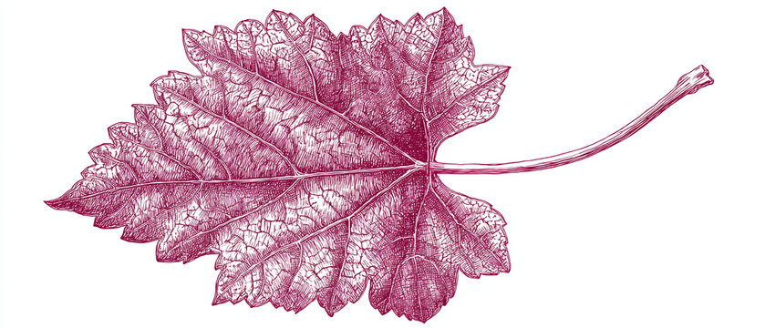 A detailed pink leaf with intricate veins on a white background in a botanical illustration style