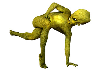 3D Rendering Green Alien on White