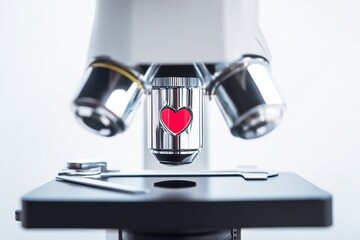 Scientific equipment zooms in on symbolic red heart representing curiosity, Closeup of laboratory microscope focusing on heart symbol epitomizing scientific inquiry and passion
