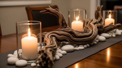 Elegant Driftwood and Candle Centerpiece on Dining Table.
