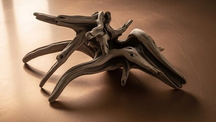 Abstract Sculpture of Weathered Driftwood on a Textured Surface.