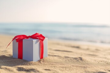 Valentine gift with beach scenery, Sand and sea setting for love gesture, Gift presentation with red ribbon on sandy shore captured during golden hour illumination