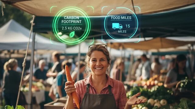 Customer Shopping At Farmers Market With Sustainability And Carbon Data Overlay