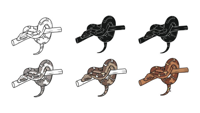 Set of six snake knots tied around a branch or stick in various colors and styles, handdrawn illustration