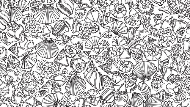 Seamless pattern of vintage seashells and starfish illustrations