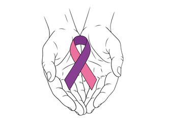 Interconnected hands holding purple and pink ribbon awareness symbol