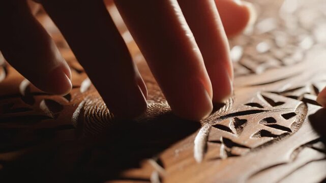 Hand touching carved wooden surface
