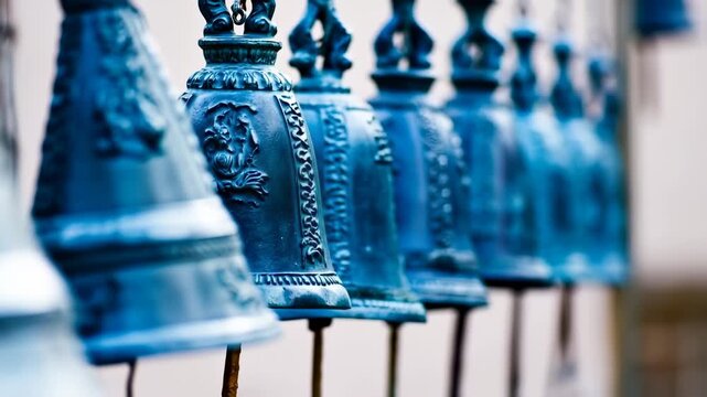 A line of ornate, blue bells, with intricate carvings, create a rhythmic pattern against a blurred background