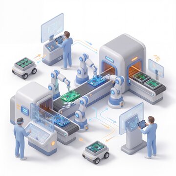 An isometric illustration of a smart factory with robotic arms assembling circuit boards on automated conveyor lines, human operators using digital interfaces, and autonomous robots.