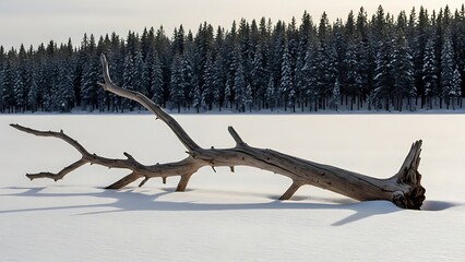 Fallen Tree Branch on Frozen Lake with Pine Forest Background.