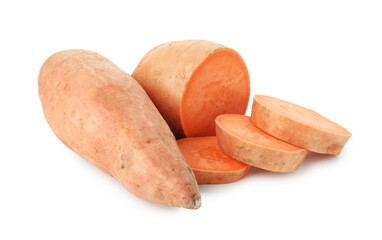 Whole and cut sweet potatoes isolated on white