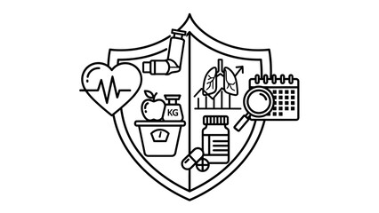 Health Protection Shield with Medical Icons: Heart, Lungs, Medicine, Scale, Calendar