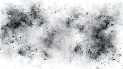 Black Ink Splatter and Dust Particles on White Background