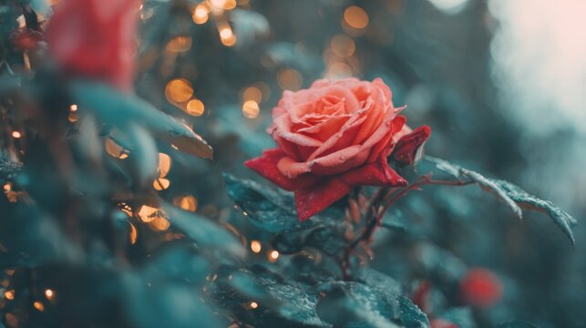 Close-up view of a pink rose among green leaves and soft light in the background