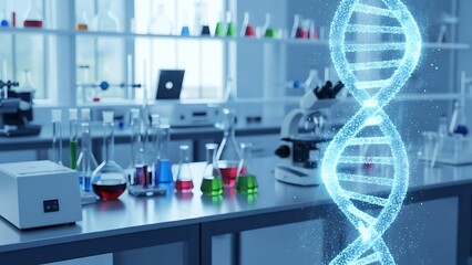 Futuristic DNA Helix in a Modern Science Laboratory Setting.