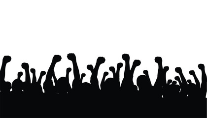 A crowd of people with their hands raised in the air as silhouettes against a white background conveying a sense of unity and collective expression