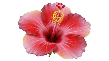 Close up of a vibrant red and pink hibiscus flower with yellow stamen against a black background tropical