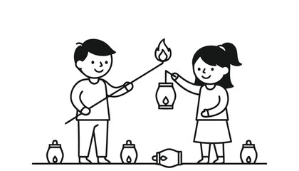 A boy and a girl lighting lanterns on a festive occasion with multiple lanterns around them